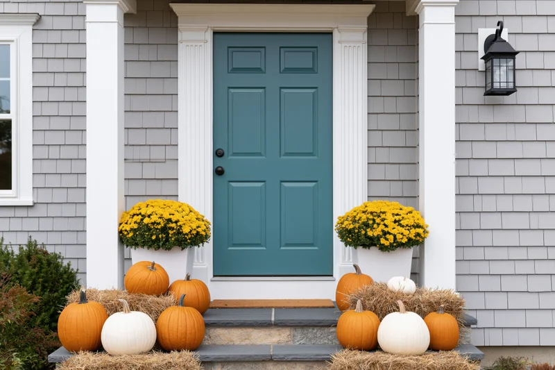 Front porch of suburban home decorated with pumpkins and yellow mums for autumn
