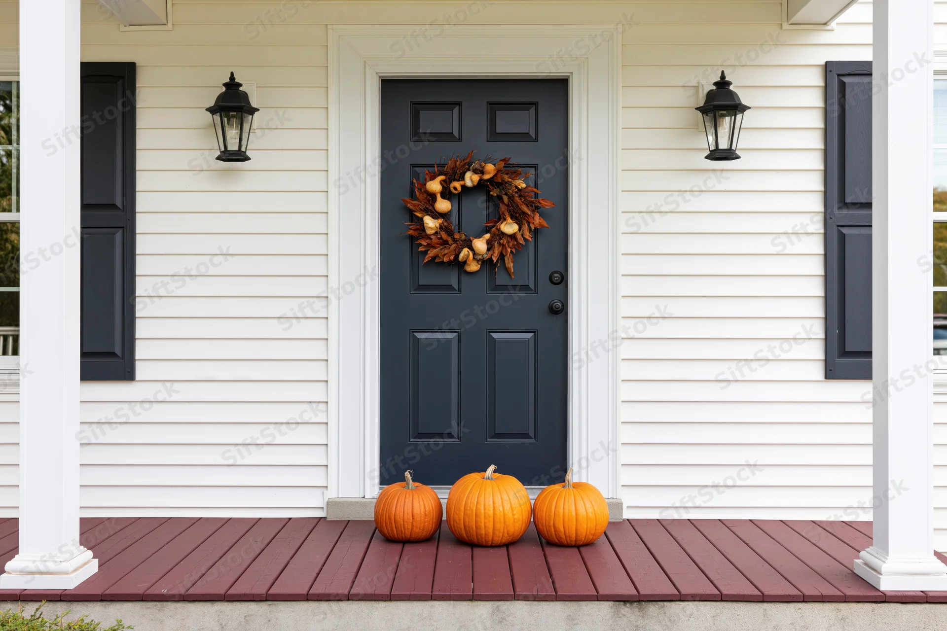 Front porch of a white clapboard house decorated with pumpkins and a wreath for autumn