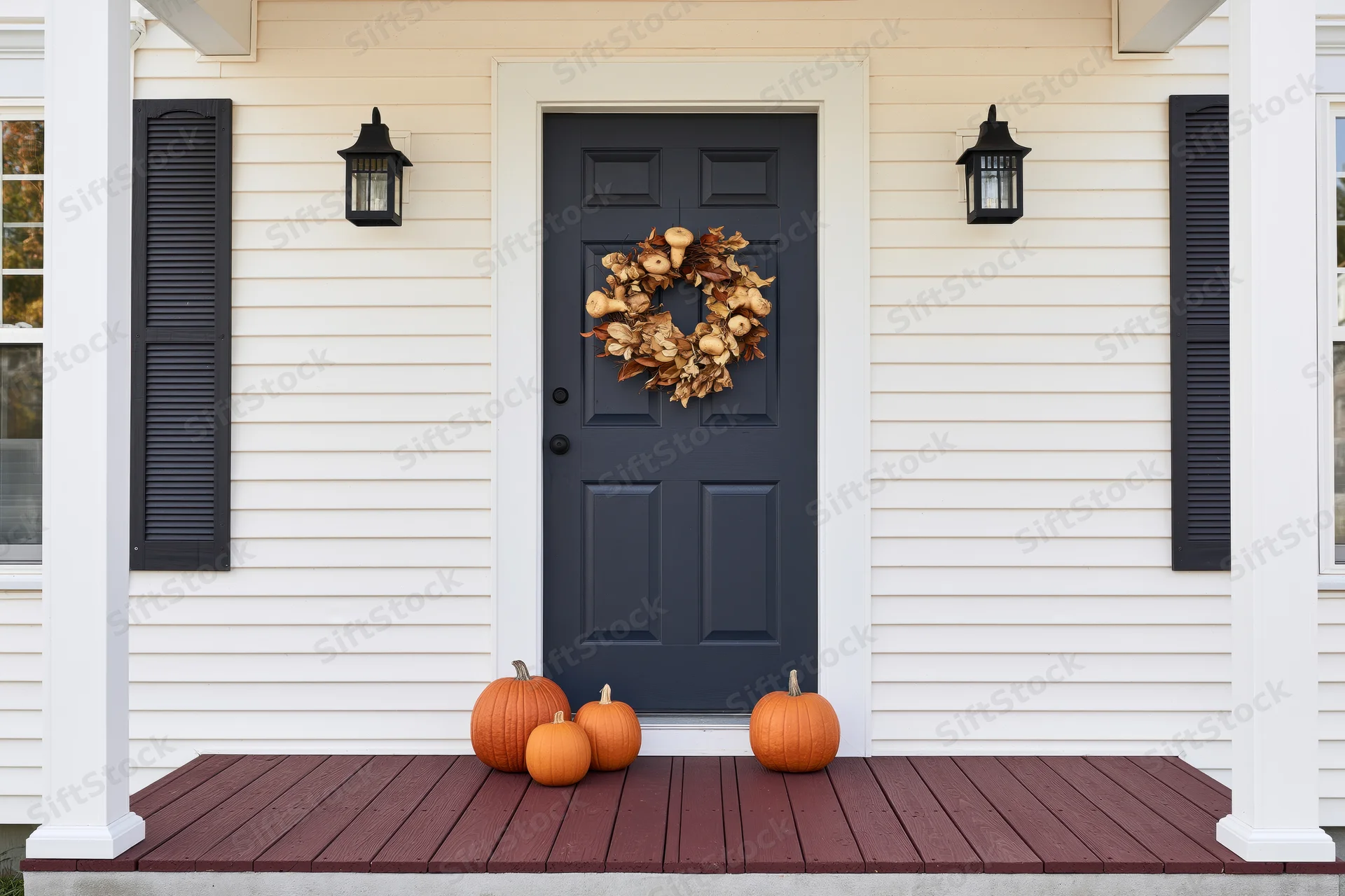 Front porch of a white clapboard house decorated with pumpkins and a wreath for autumn