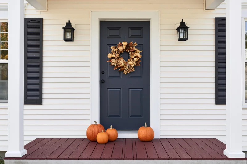 Front porch of a white clapboard house decorated with pumpkins and a wreath for autumn