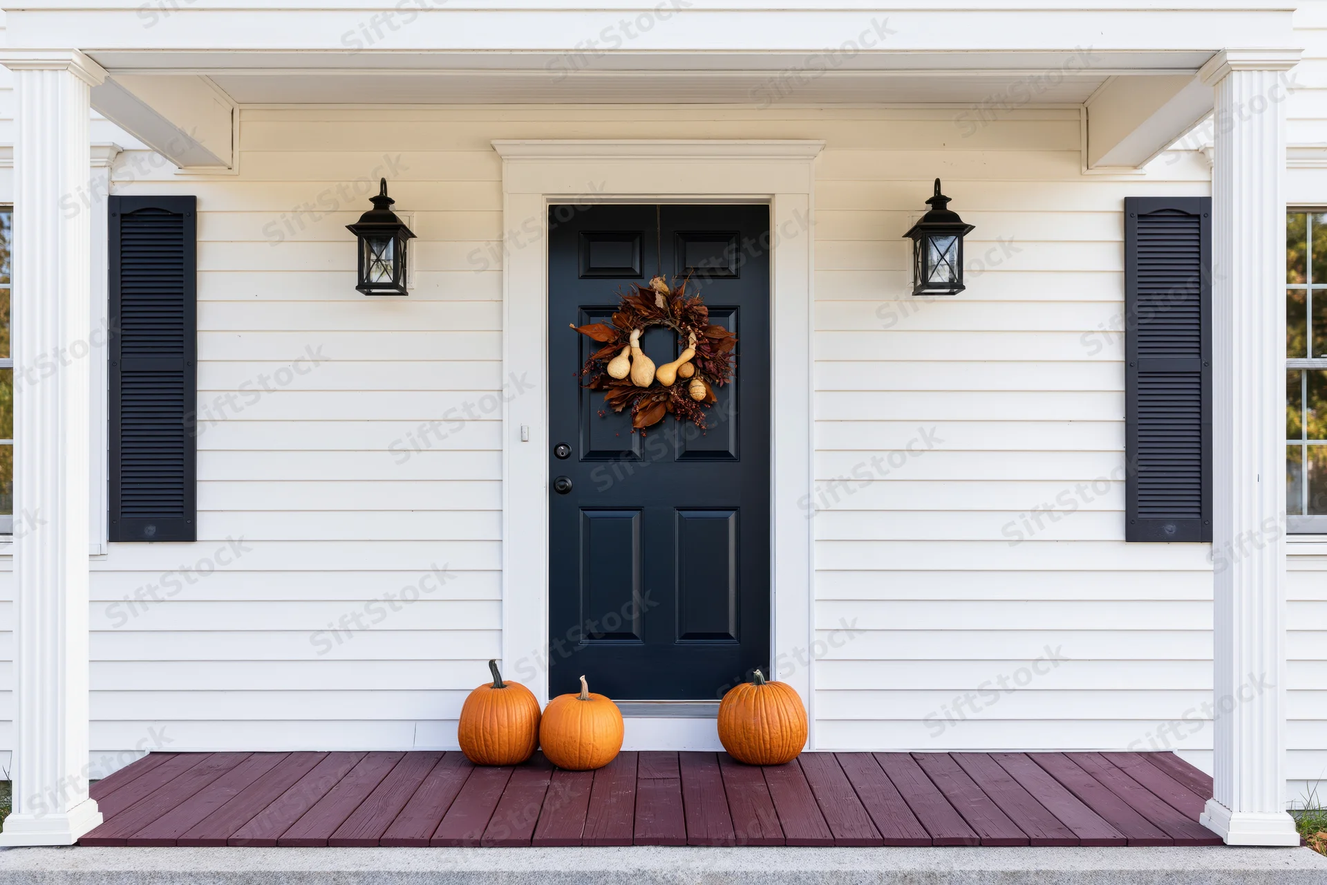 Front porch of a white clapboard house decorated for autumn with pumpkins and a wreath on the door