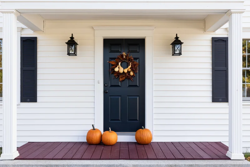 Front porch of a white clapboard house decorated for autumn with pumpkins and a wreath on the door