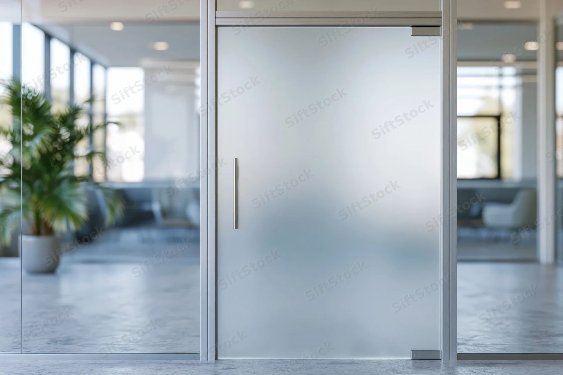 Frosted glass office door with slim vertical metal handle in modern corporate interior