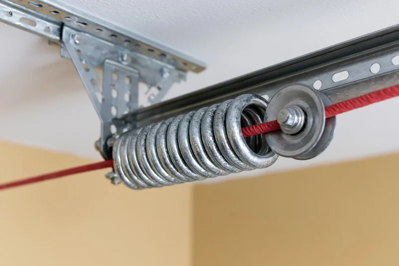 Garage door torsion spring and cable drum assembly mounted on ceiling track