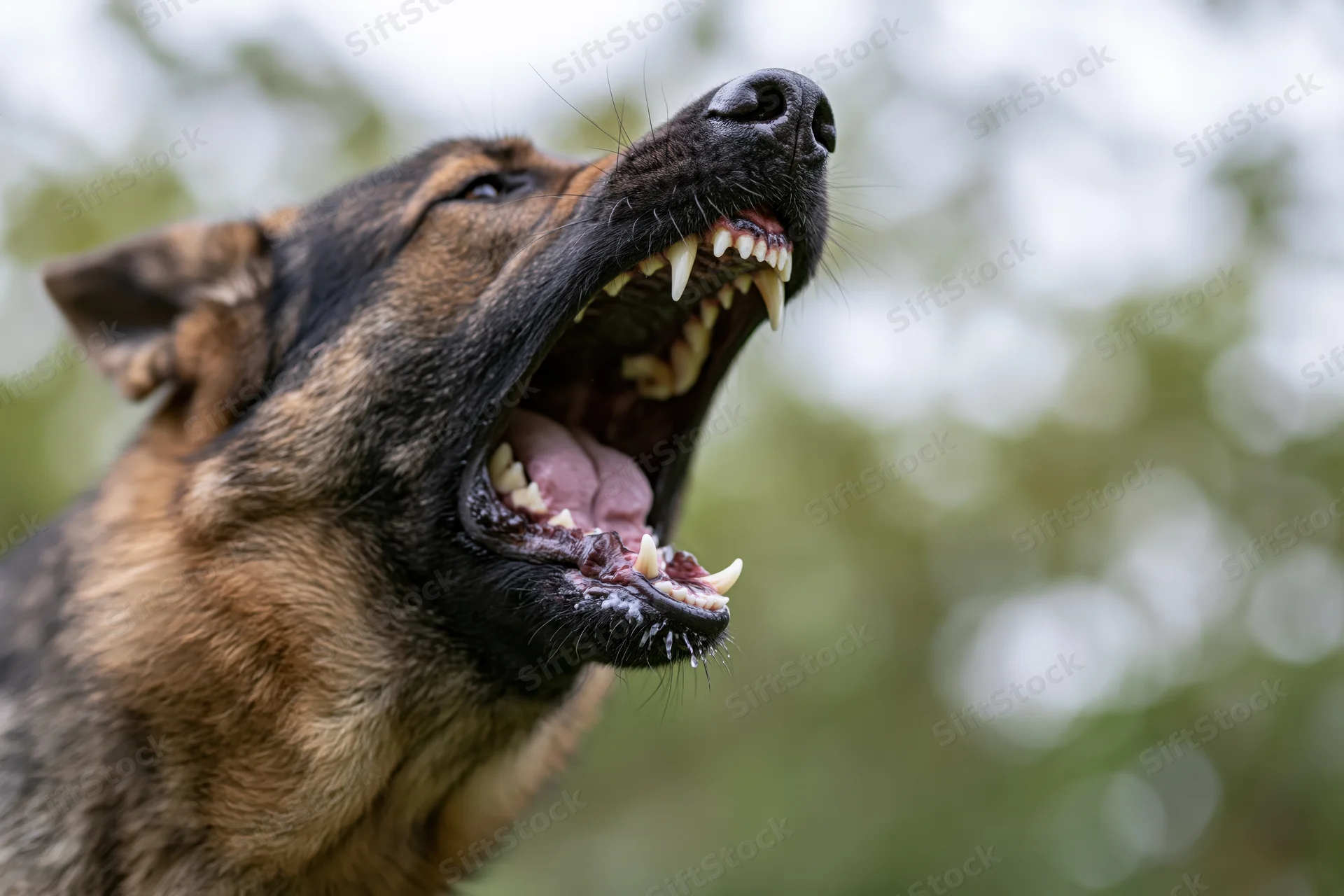 German shepherd dog barking aggressively with mouth wide open outdoors