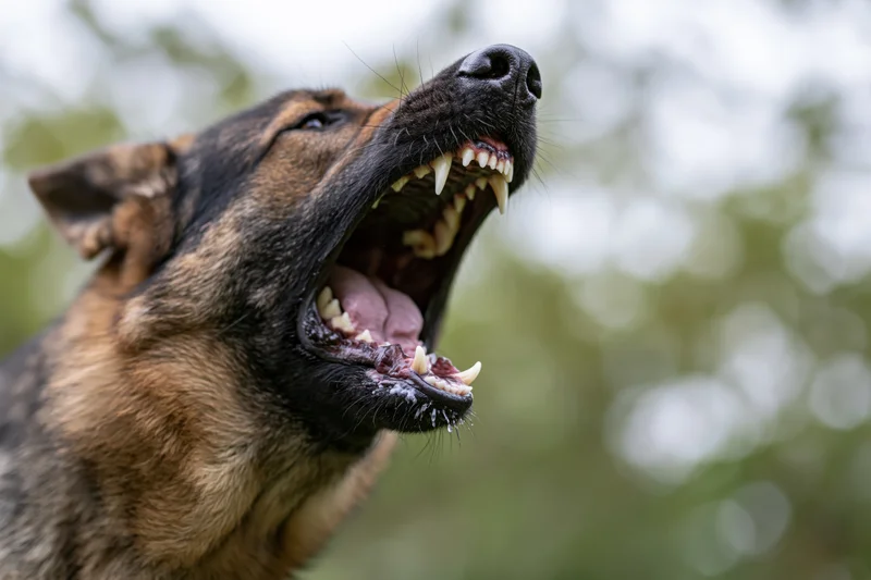 German shepherd dog barking aggressively with mouth wide open outdoors