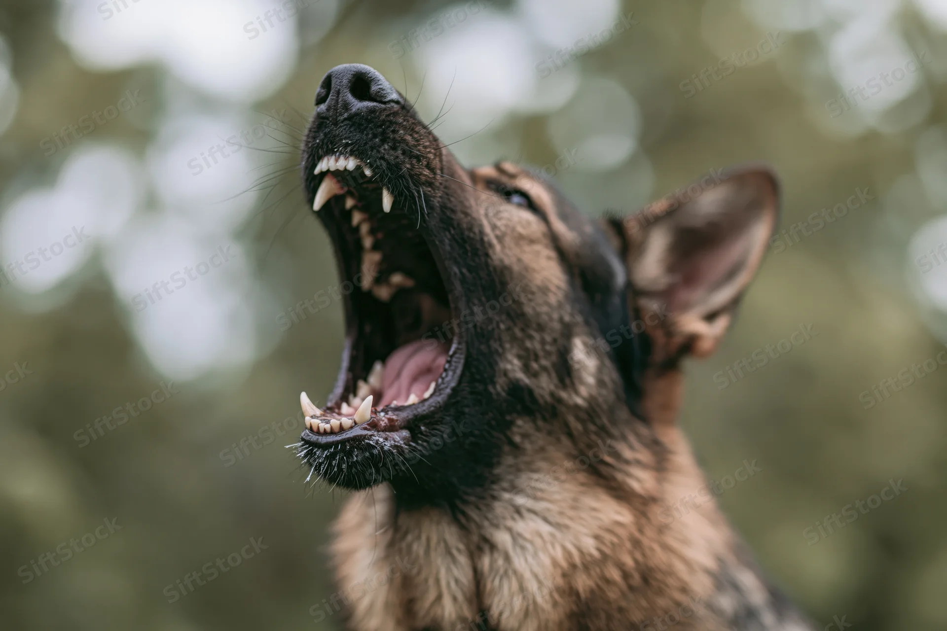 German shepherd barking aggressively with mouth wide open in forest setting