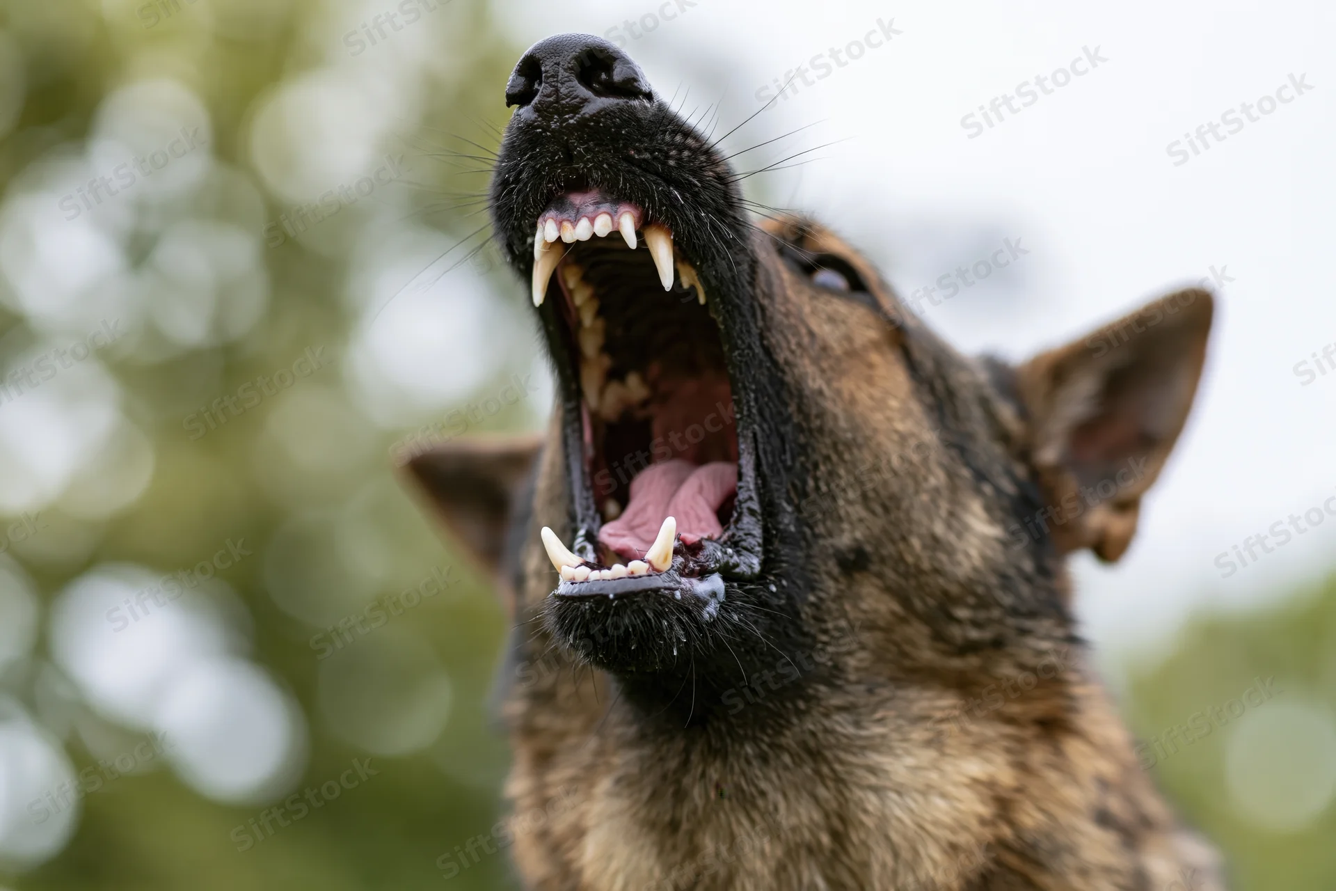 German shepherd dog barking aggressively with mouth wide open outdoors