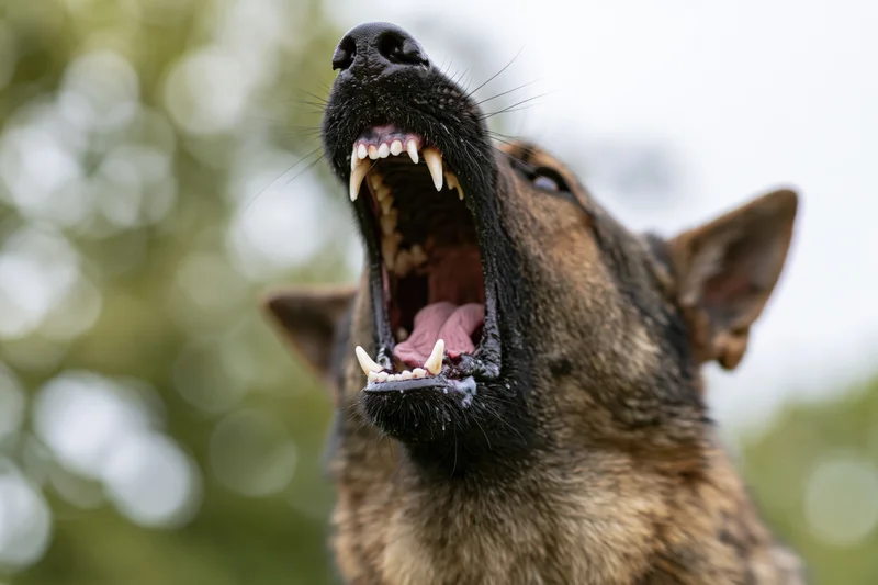 German shepherd dog barking aggressively with mouth wide open outdoors