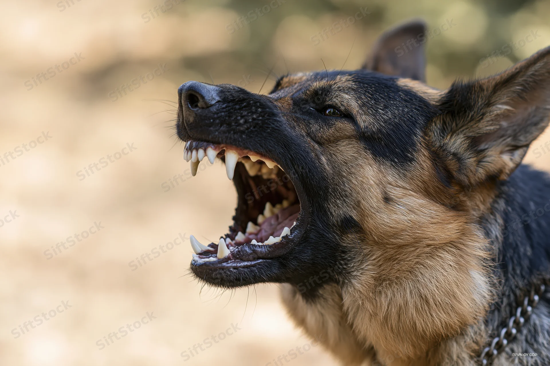 German shepherd dog snarling with mouth wide open outdoors