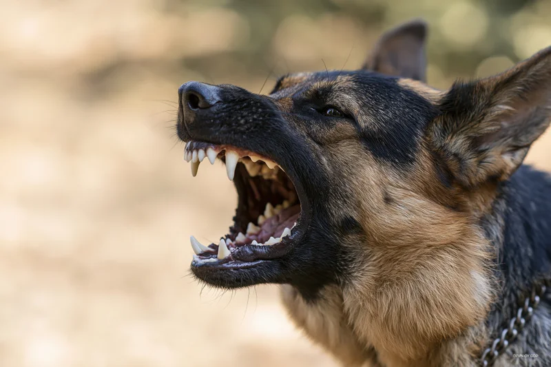 German shepherd dog snarling with mouth wide open outdoors