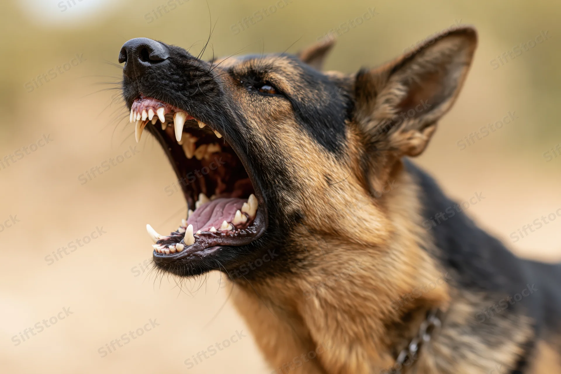 German shepherd dog snarling with mouth wide open in outdoor setting
