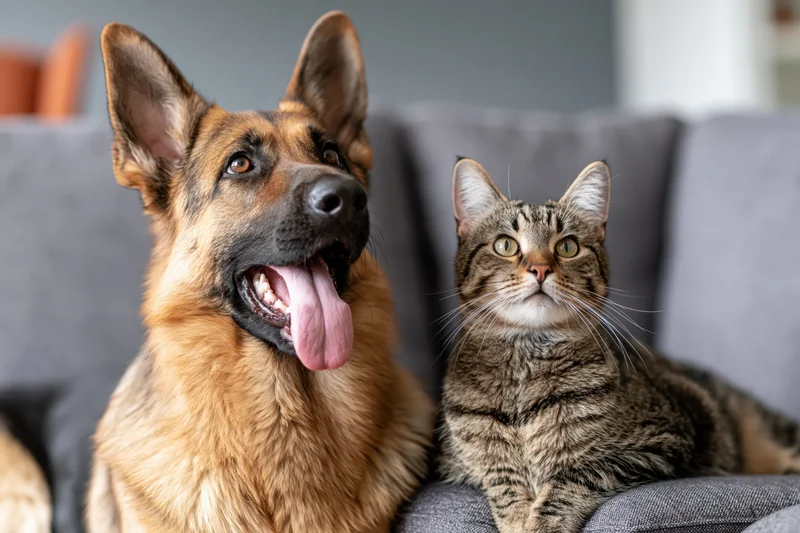 German shepherd with open mouth and tongue out sitting beside a tabby cat on a gray sofa