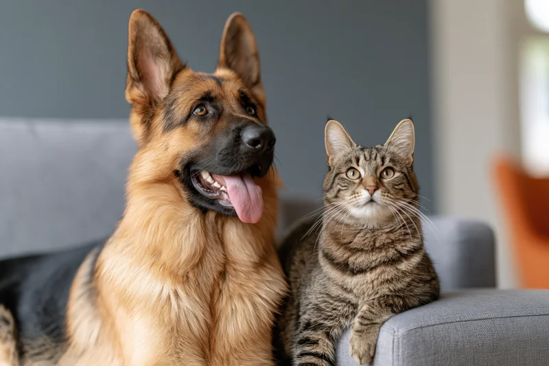 German shepherd and tabby cat sitting together on a gray couch indoors