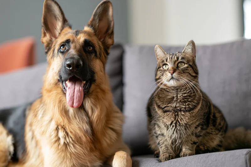 German shepherd dog with tongue out and tabby cat sitting together on a gray sofa in a living room
