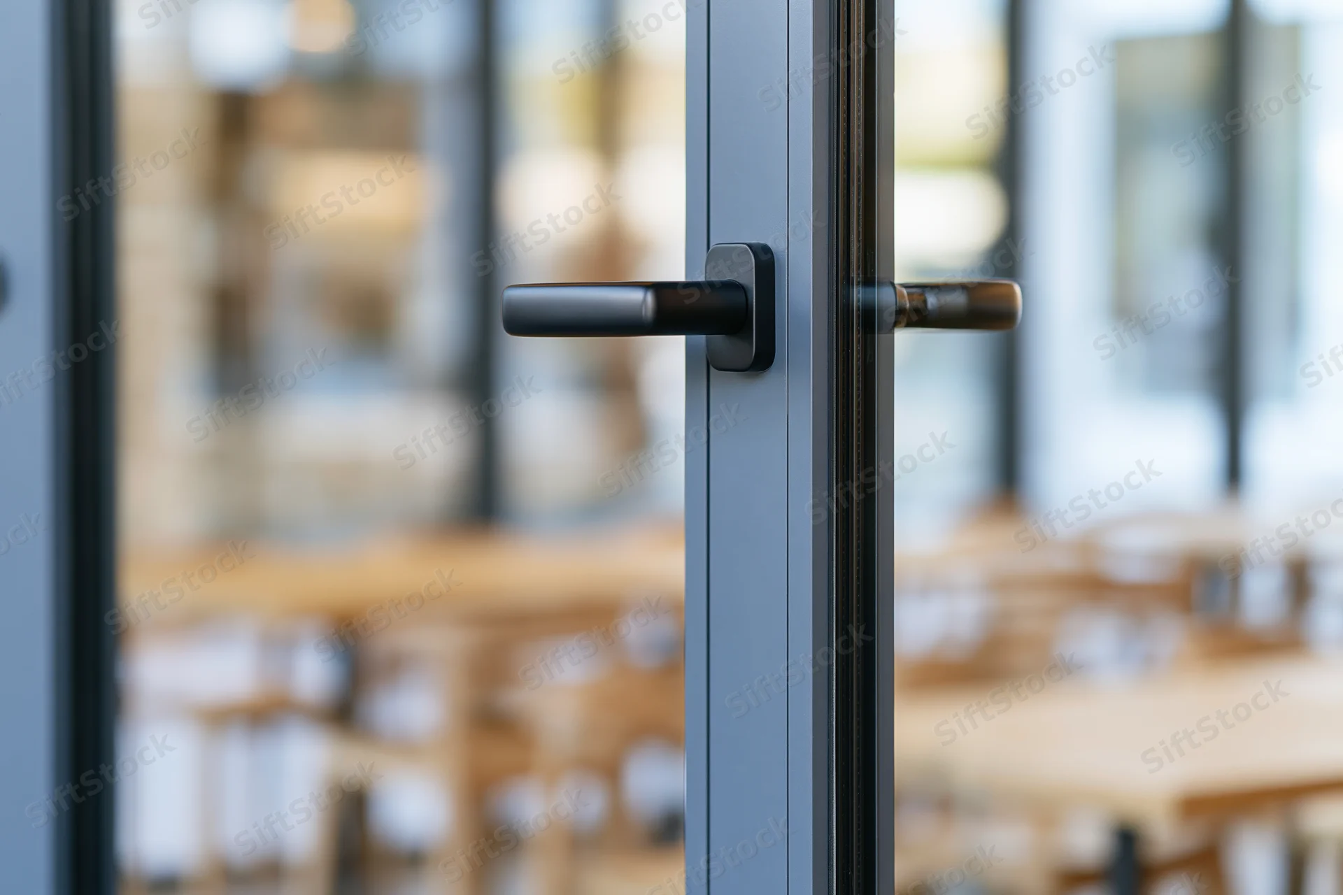 Close-up of a glass entrance door with a matte black rectangular handle in an office interior