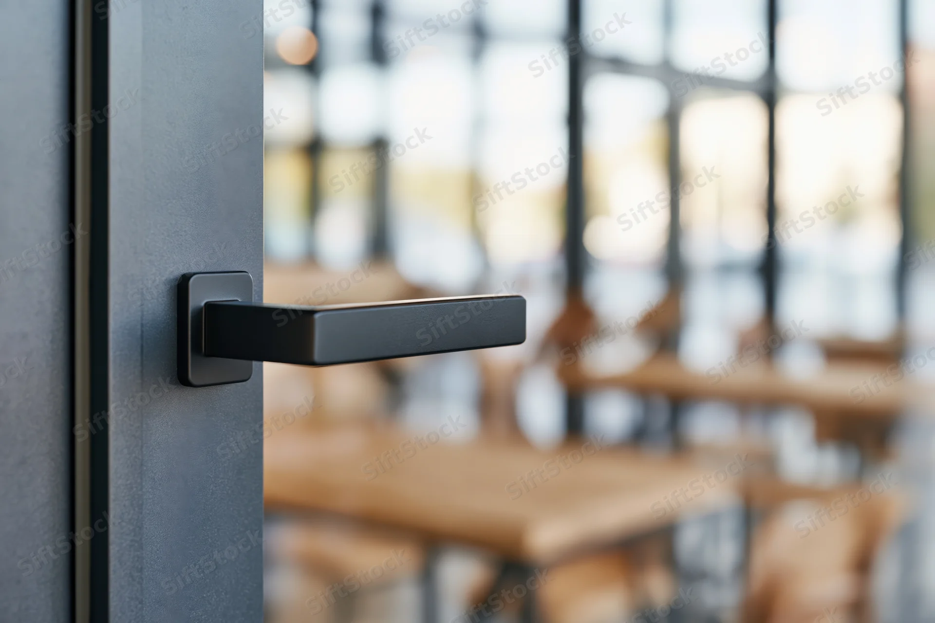 Matte black rectangular door handle on glass entrance with blurred restaurant interior in background