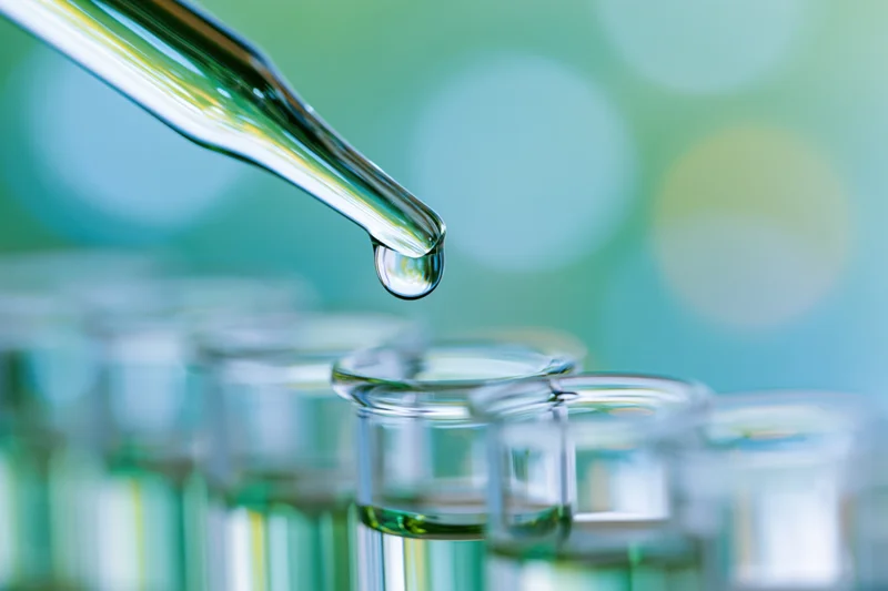 Glass dropper releasing a liquid droplet over test tubes in a laboratory setting