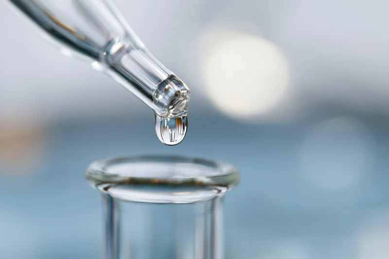 Glass pipette releasing a single droplet of liquid into a vial in a laboratory setting