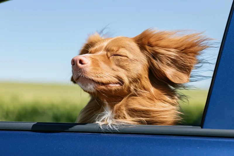 Golden-red nova scotia duck tolling retriever with eyes closed sticking head out of car window on a sunny day