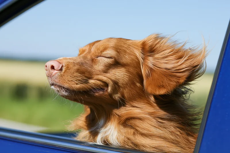 Golden-red nova scotia duck tolling retriever with eyes closed sticking head out of car window during road trip