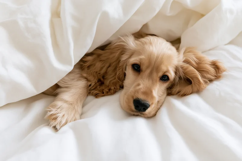 Golden cocker spaniel puppy lying chin-down on a bed peeking from under white blanket