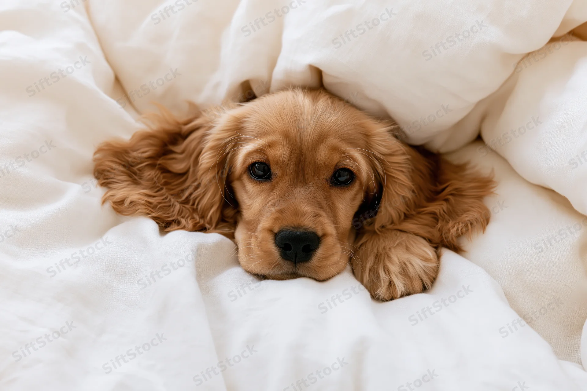 Golden cocker spaniel puppy lying chin-down on a bed peeking from under white blanket