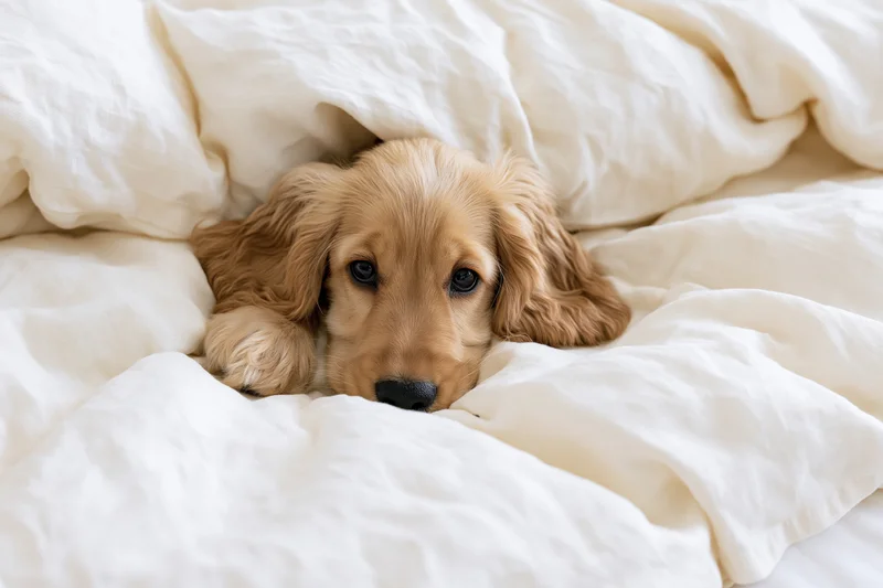 Golden cocker spaniel puppy resting chin-down on a bed peeking through white blankets