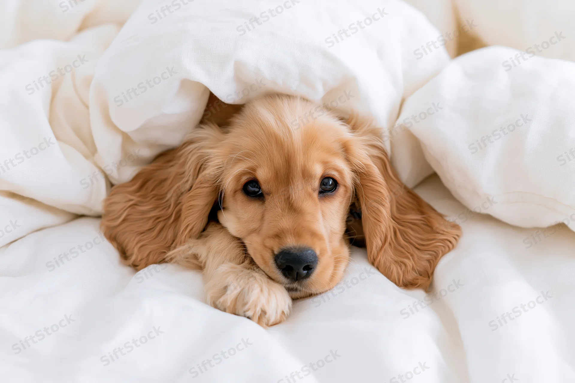 Golden cocker spaniel puppy lying on a bed under white blanket, chin down, peeking out