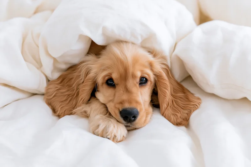Golden cocker spaniel puppy lying on a bed under white blanket, chin down, peeking out
