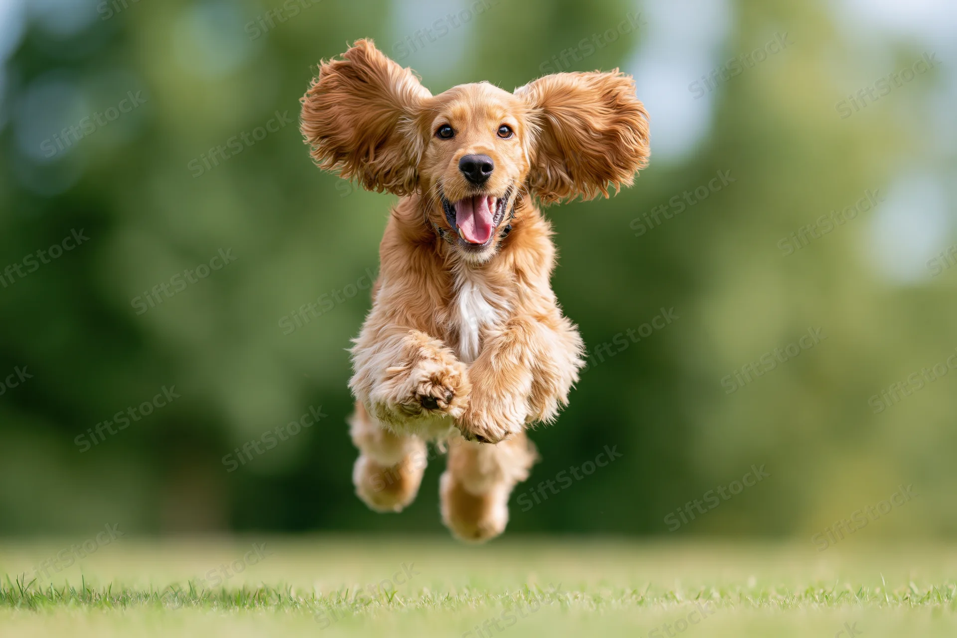 Golden cocker spaniel jumping toward camera on grassy field
