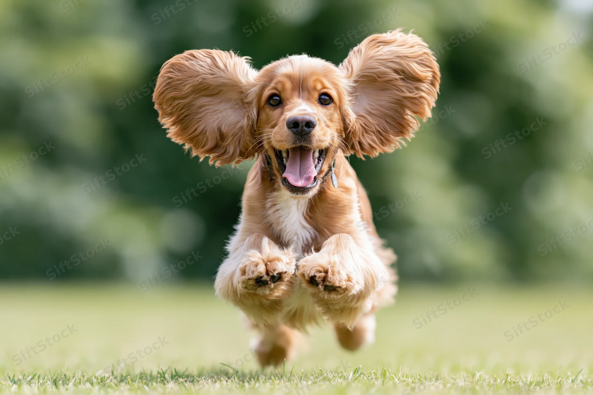 Golden cocker spaniel running toward camera on grassy field