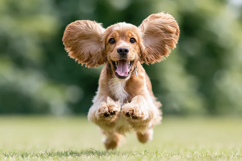 Golden cocker spaniel running toward camera on grassy field