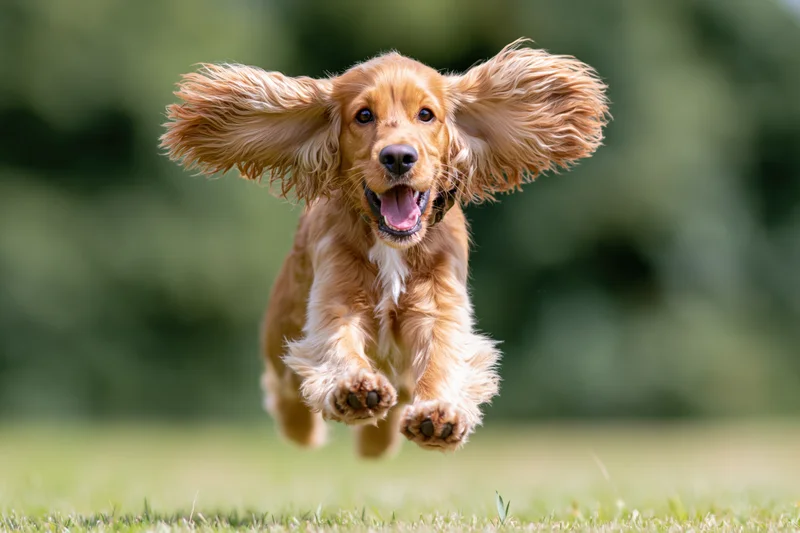 Golden cocker spaniel running toward camera midjump on grassy field