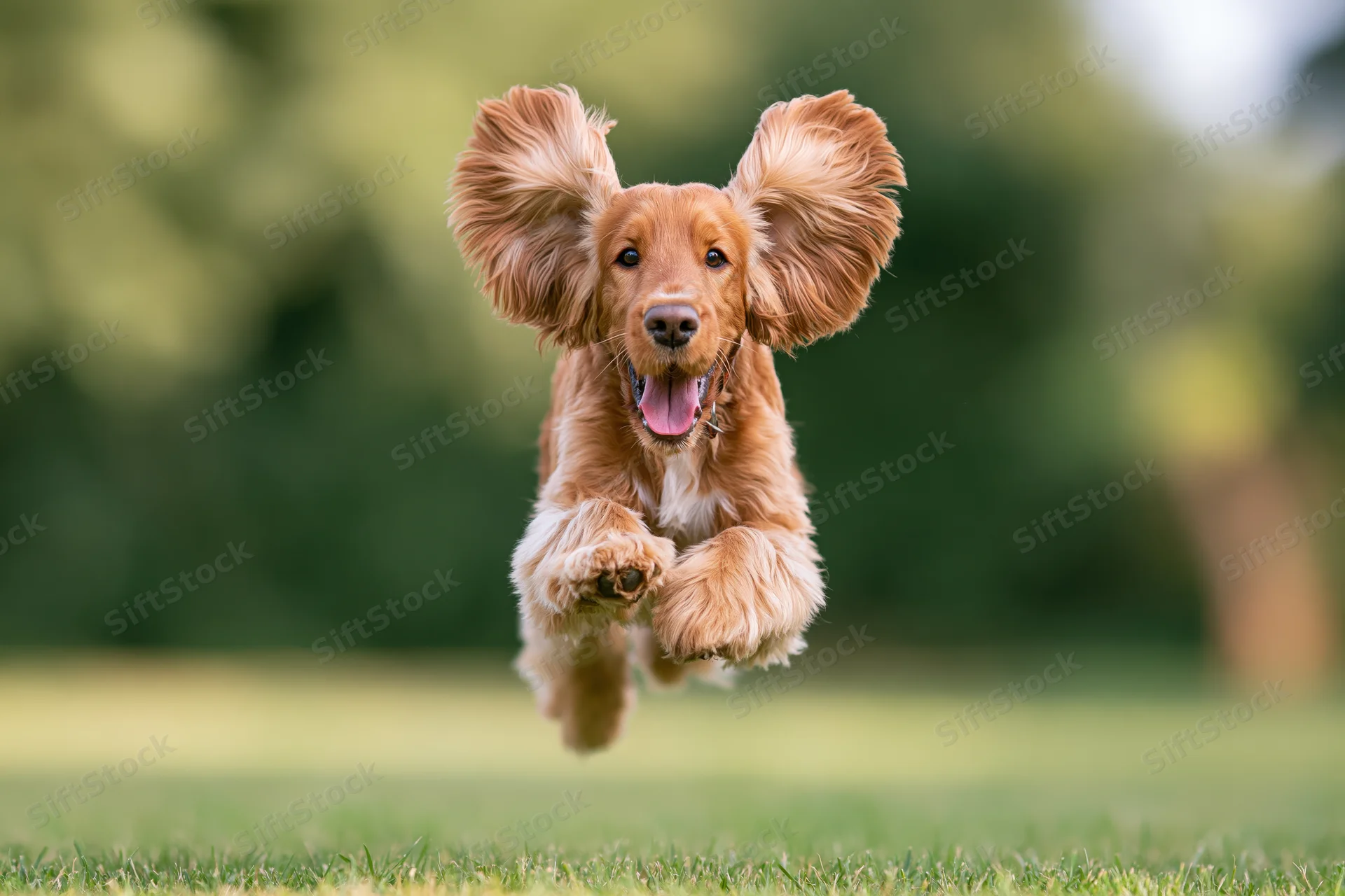 Golden cocker spaniel running toward camera midair over grassy field