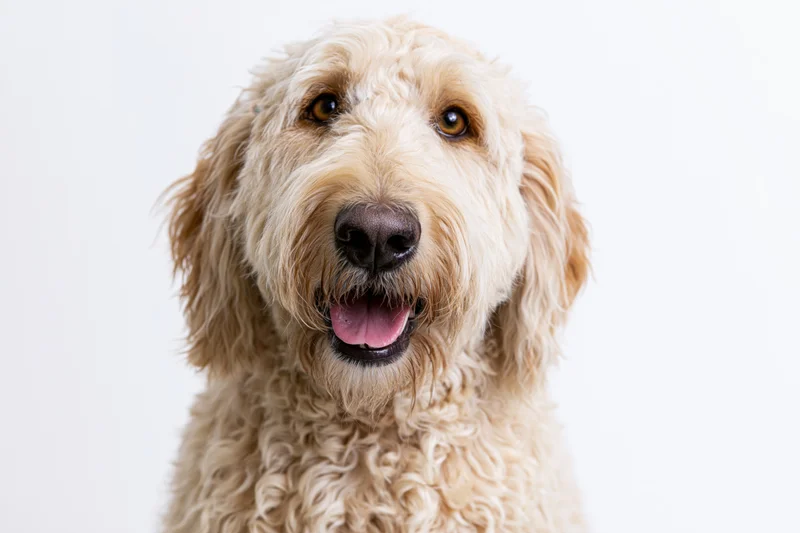 Golden labradoodle dog with open mouth and tongue out facing camera in studio portrait