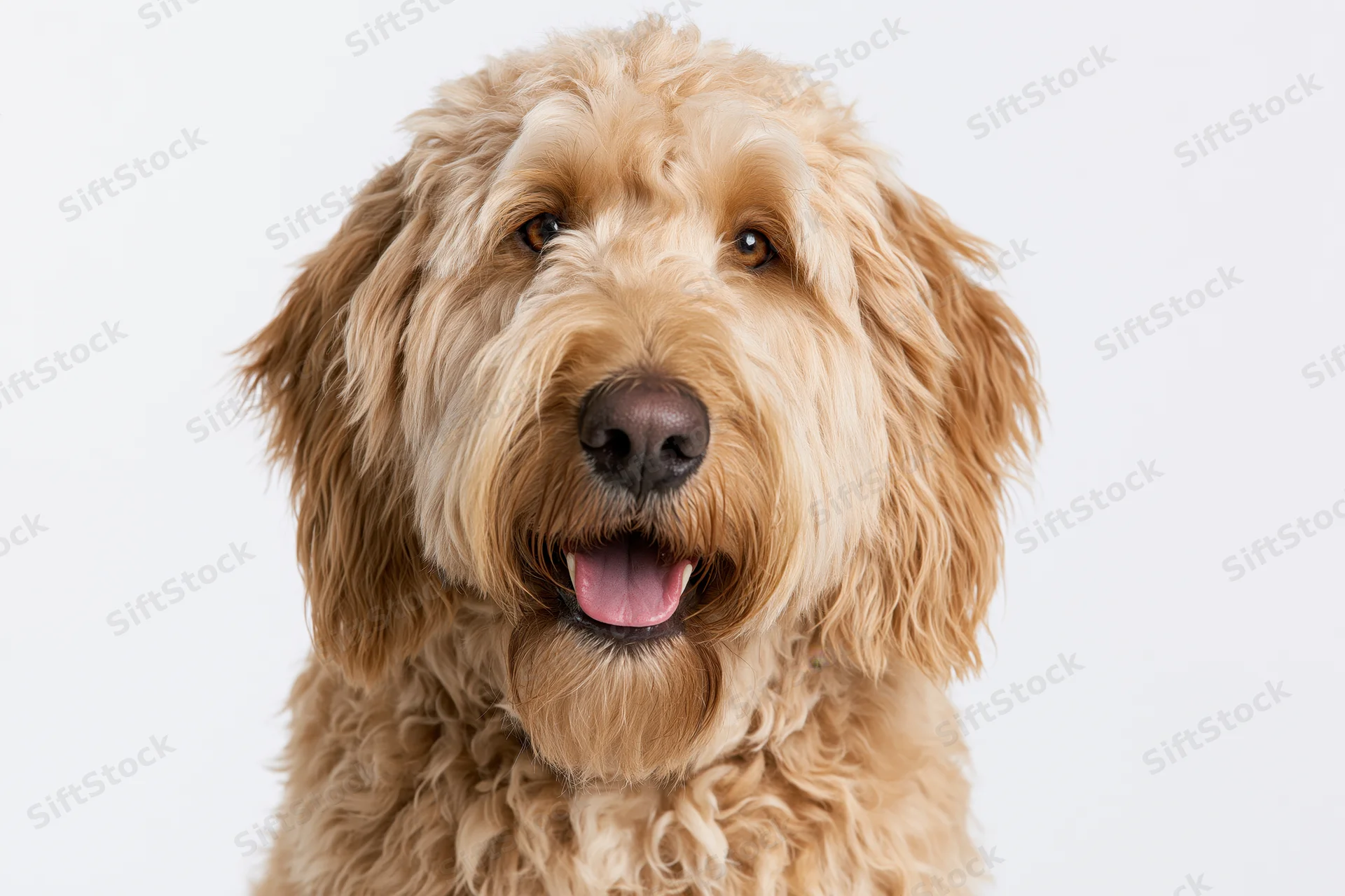 Golden labradoodle dog with open mouth and tongue out facing camera in studio portrait