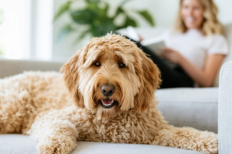 Golden labradoodle lying relaxed on light grey couch with woman reading in background