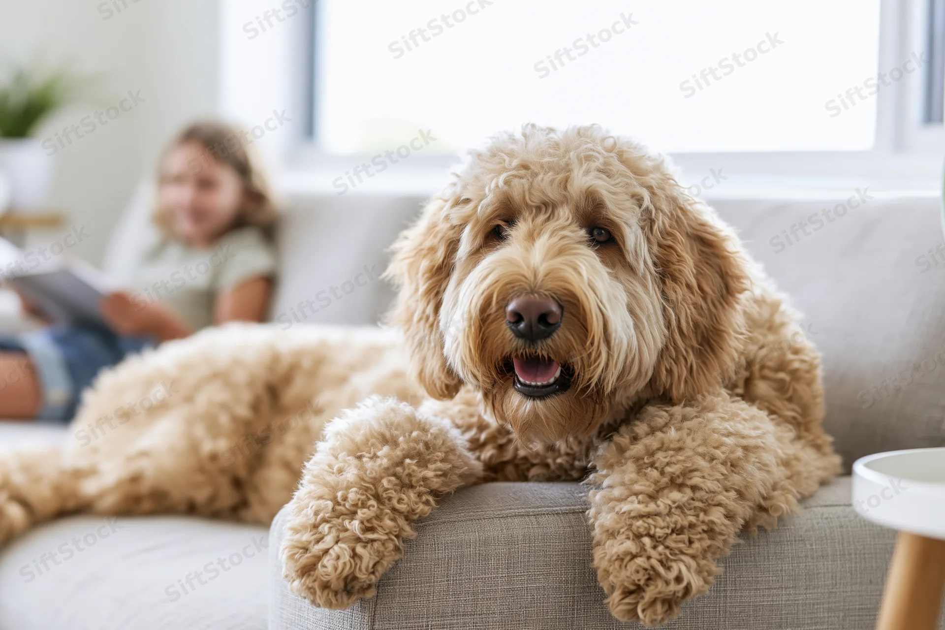 Golden labradoodle resting on light grey sofa with paws over armrest, girl reading in background