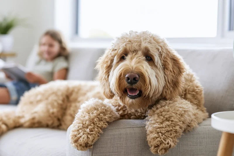 Golden labradoodle resting on light grey sofa with paws over armrest, girl reading in background