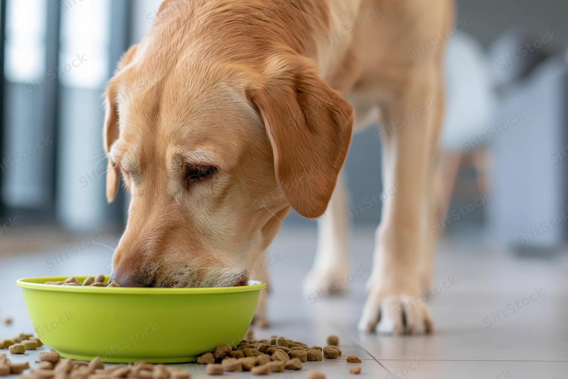 Golden labrador eating dry kibble from a lime-green bowl on tiled floor