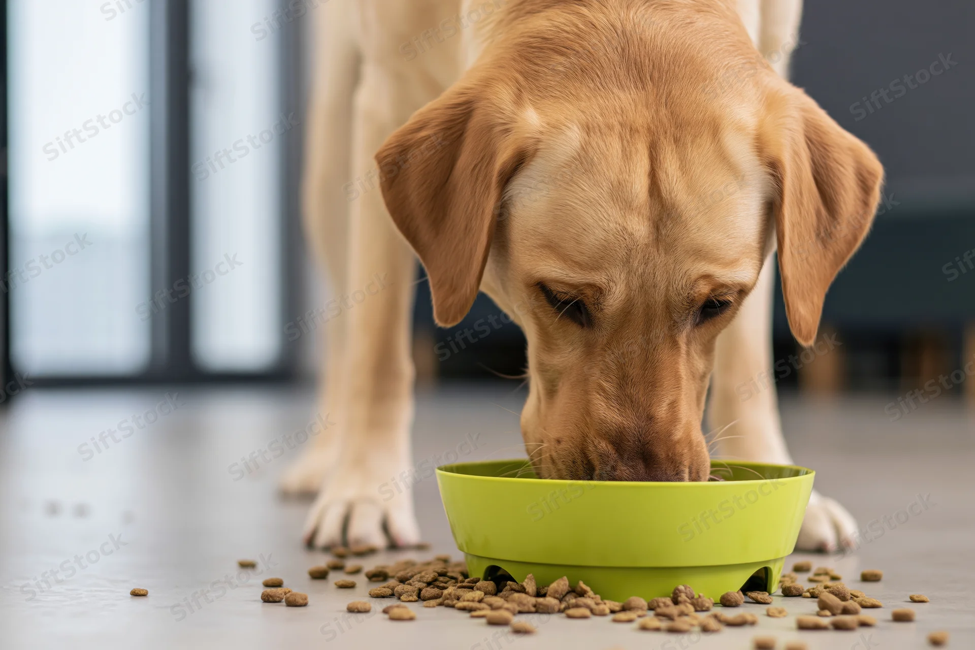 Golden labrador eating dry kibble from a lime-green bowl on a light floor indoors