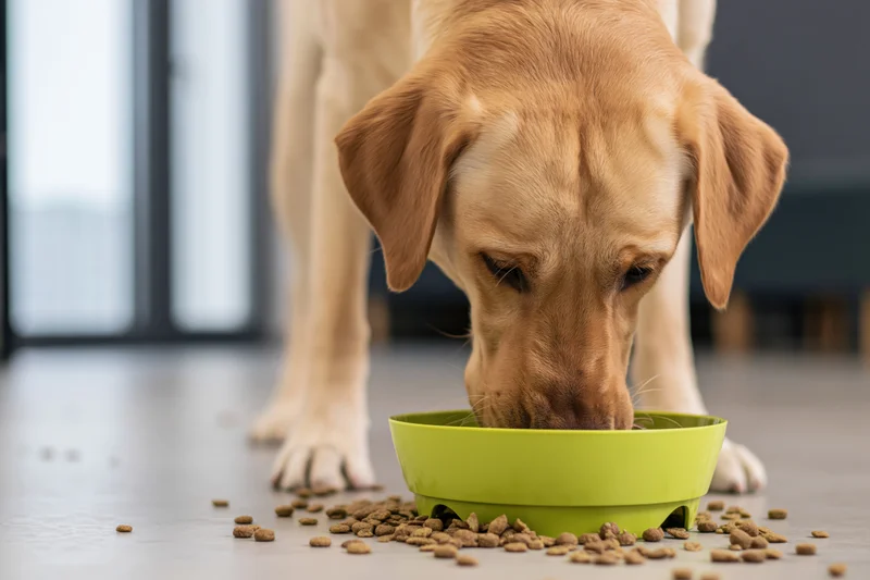 Golden labrador eating dry kibble from a lime-green bowl on a light floor indoors