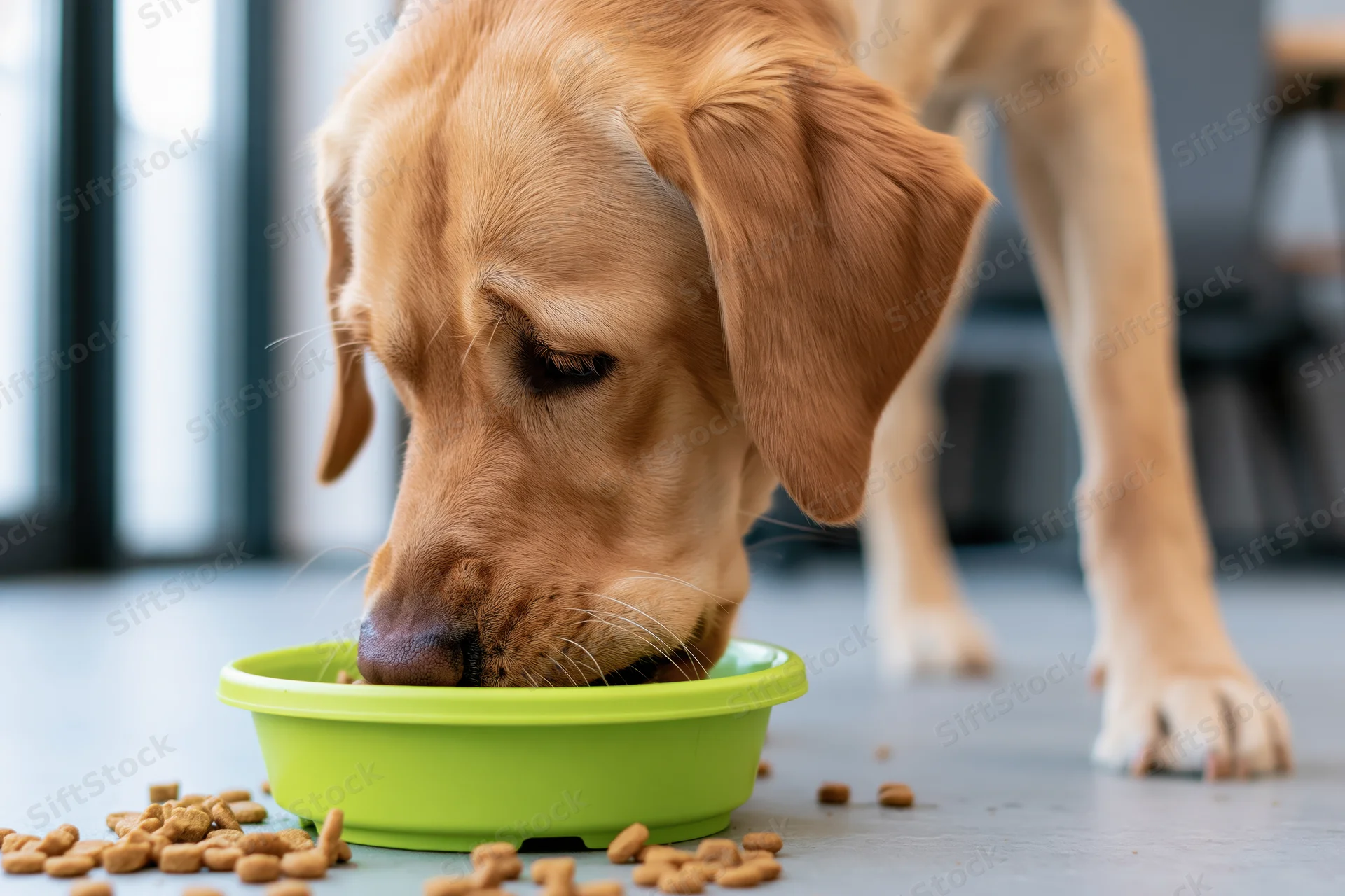 Golden labrador eating dry kibble from a bright green bowl on a gray floor