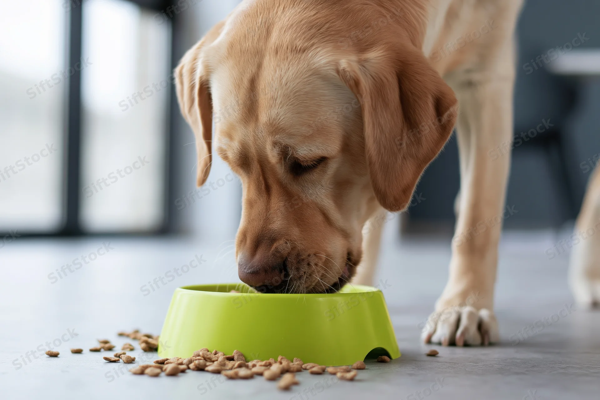 Golden labrador eating dry kibble from a green bowl on a floor indoors