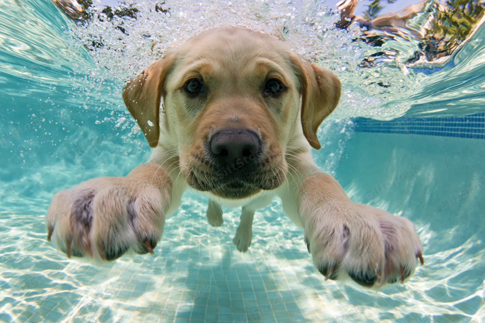 Golden labrador puppy diving underwater in a backyard pool with paws extended toward the camera