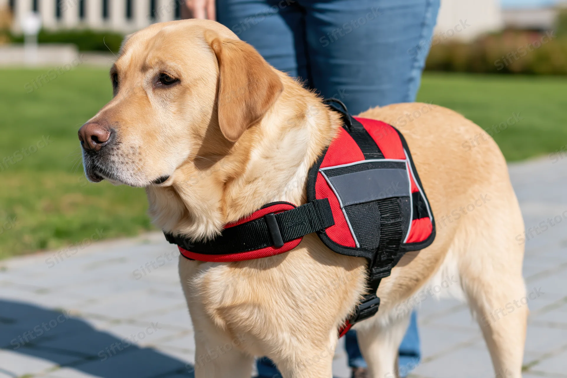 Golden labrador wearing red and black service dog harness standing on pavement beside a person in jeans