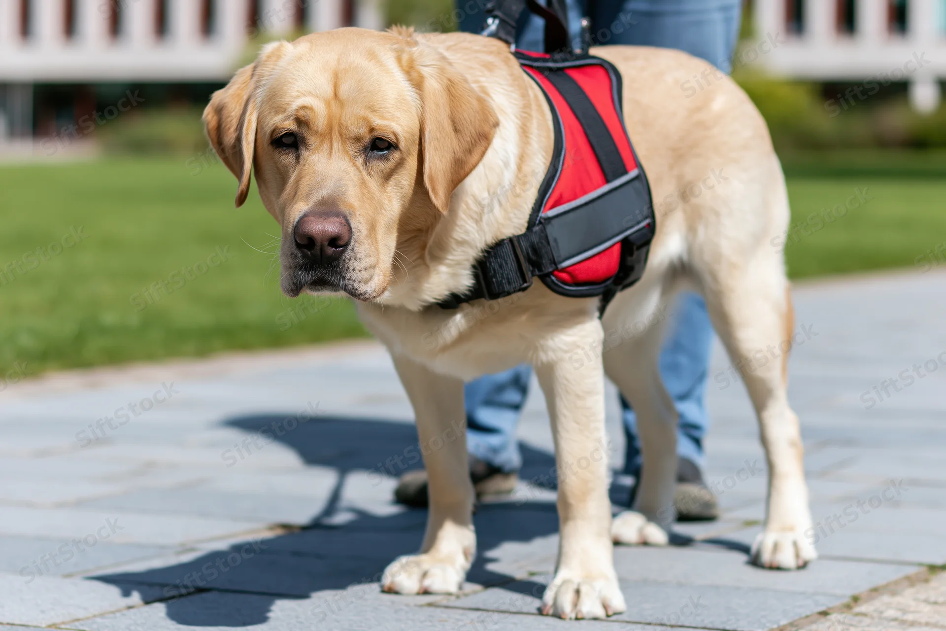Golden labrador wearing red and black service dog harness standing on pavement with person in jeans behind
