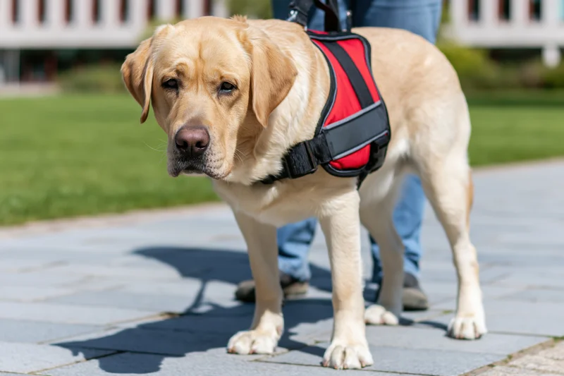 Golden labrador wearing red and black service dog harness standing on pavement with person in jeans behind