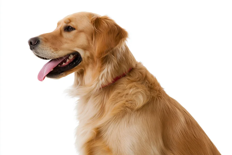 Golden retriever sitting in profile with tongue out against white background